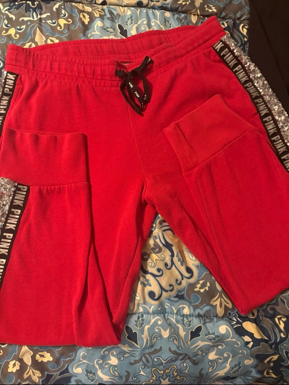 PINK Victoria's Secret Red Track Joggers with Black Trim & Sequin Side Stripe